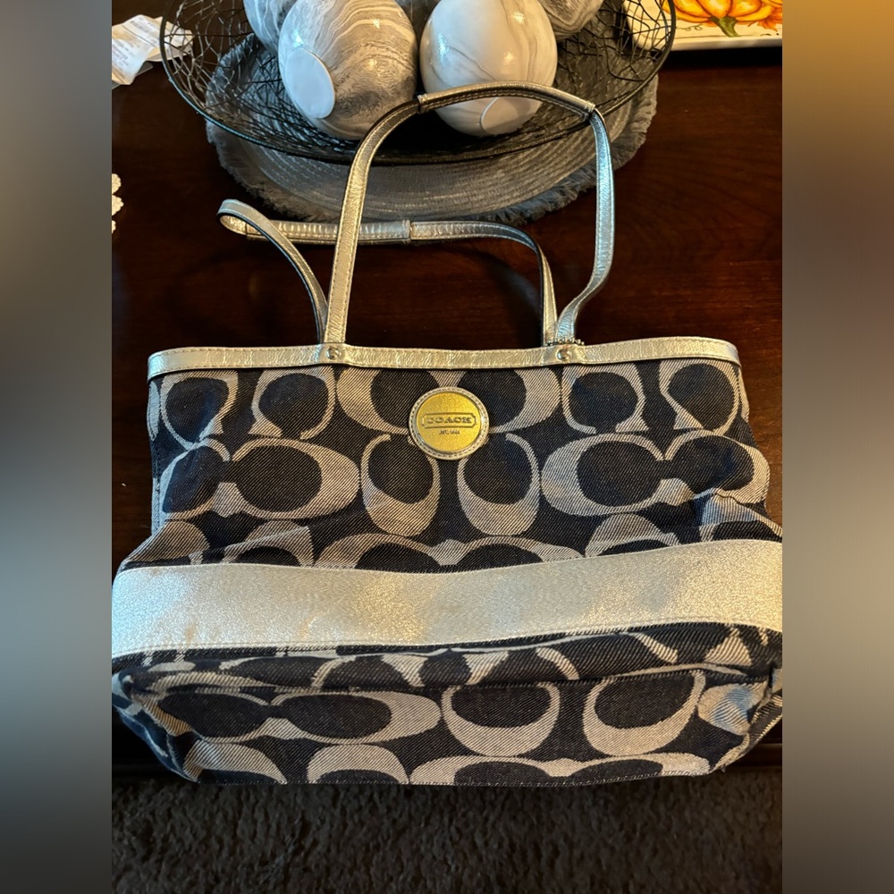 Coach Blue/Silver Signature Canvas Bag Purse